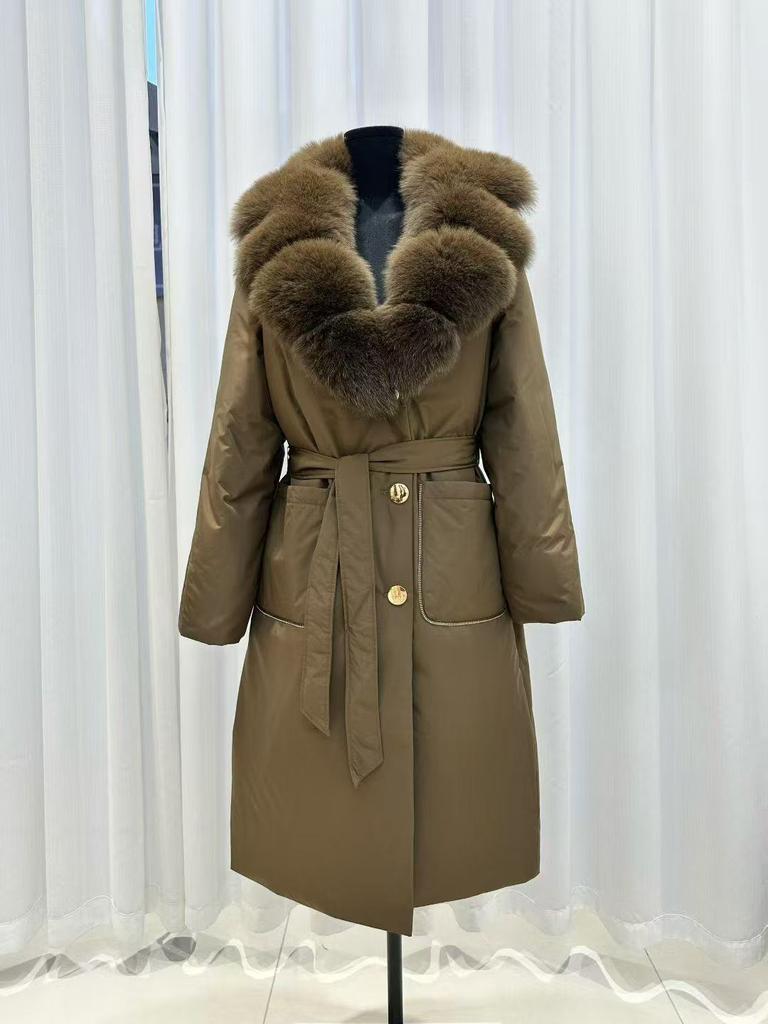 Winter new fox fur fur white duck down jacket women's extended waist lace-up pie overcome coat