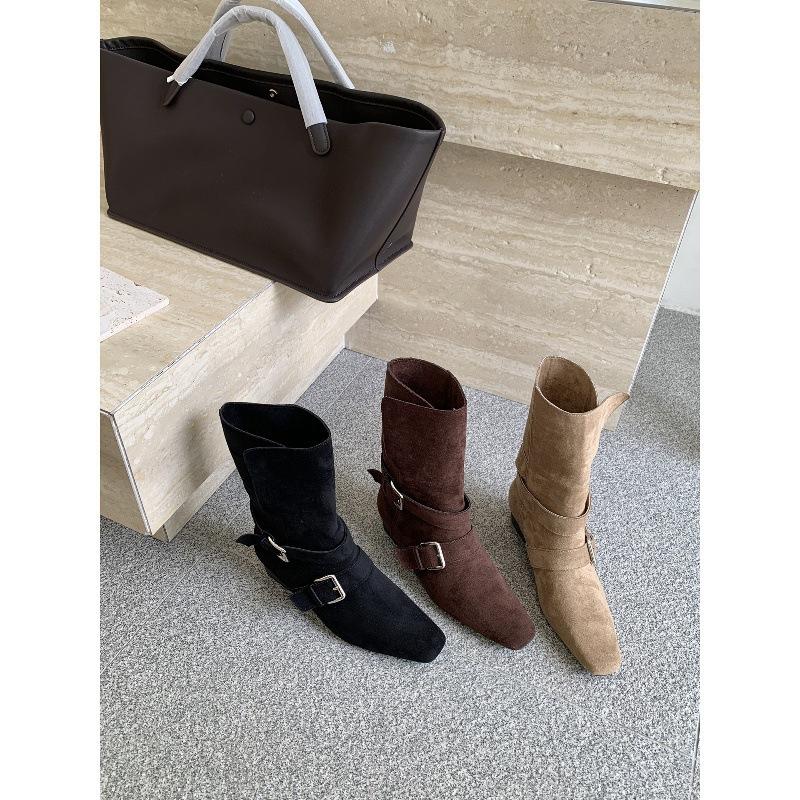 Coarse heel retro suede skinny short boots women's shoes 2025 new autumn and winter brown Martin boots French western ankle boots