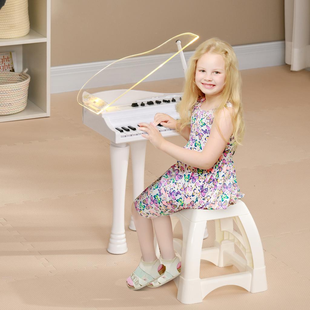 32-Key Kids Piano Keyboard, with Stool, Lights, Microphone, Sounds, Removable Legs - White