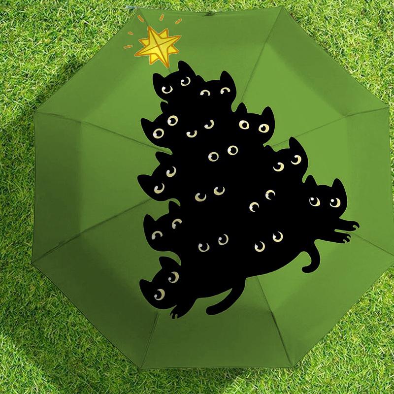 Black Cat Christmas Tree Umbrella: A Unique, Festive Design for Outdoor Adventures - Auto-Open/Close, Lightweight & Durable