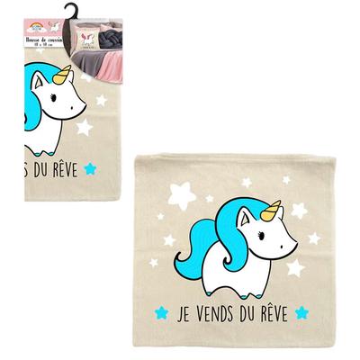 [Q2407] - Cotton Cushion Cover 'Licorne My Unicorn' Beige Turquoise (I Sell Dreams) - 40x40 Cm