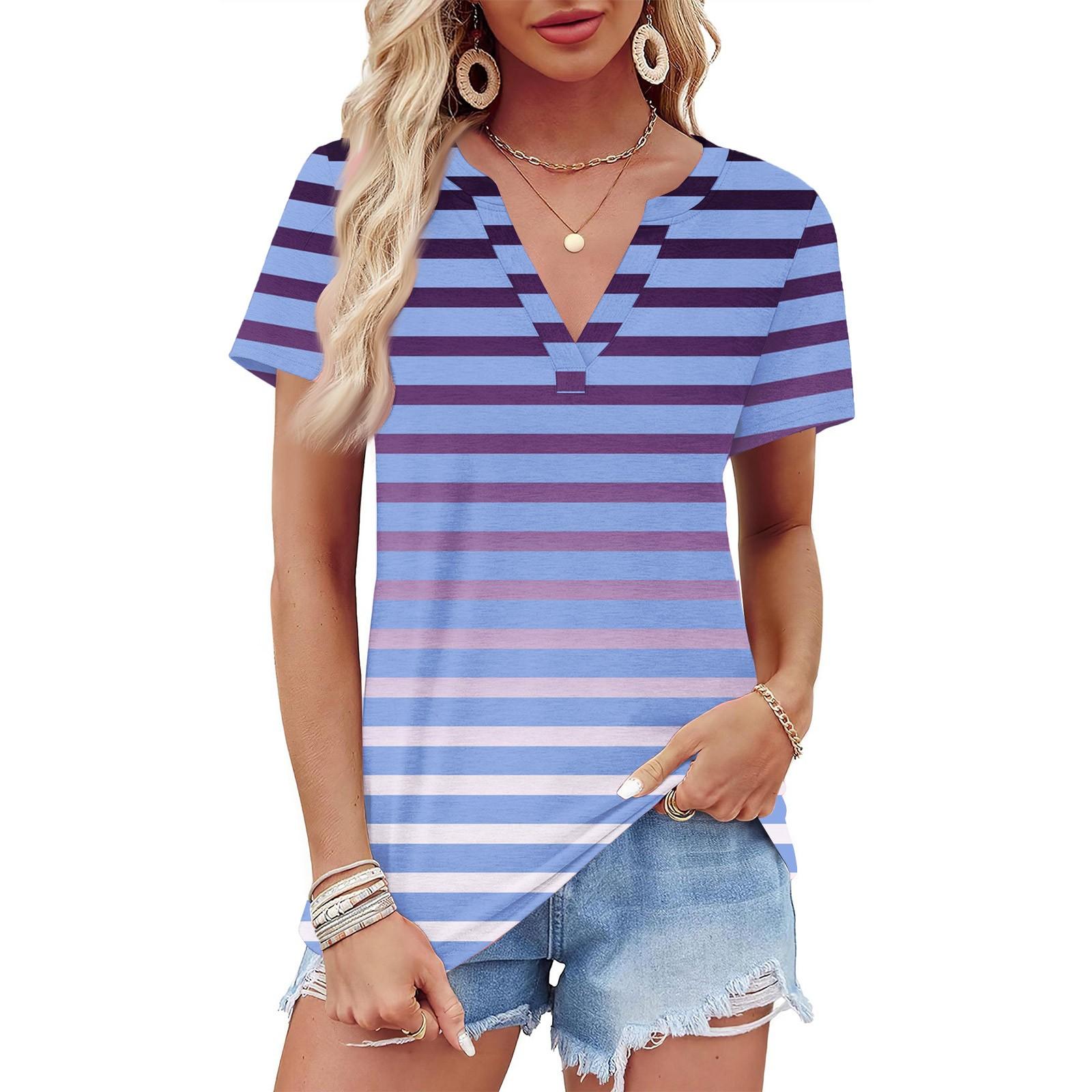 

Women s Summer Gradient Stripe Print Short Sleeve V Neck Shirt Business Casual Loose T-Shirt Trendy Fashion Clothing Tops XL фіолетовий