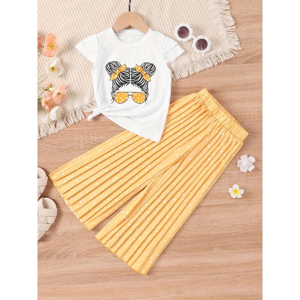 2-7Y Girls Summer New Cartoon Personality Avatar Short Sleeve + Wide Leg Trousers Casual Two-piece Set