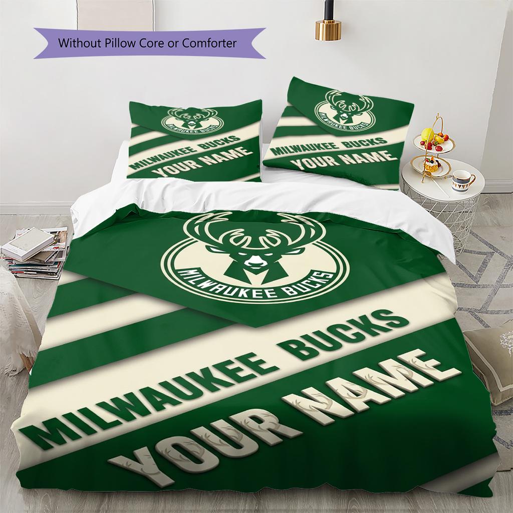 Name Custom Milwaukee Bucks Logo Pattern Bedding Set Quilt Cover Pillowcase Home Decor Gift (1 * Duvet Cover + 2 * Pillowcase, Without Core)