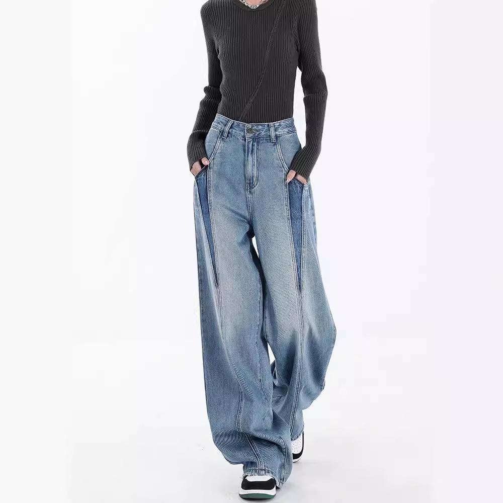 Women’s Plus Size Retro Loose Jeans: Contrast Splicing, Straight-Leg, Floor-Length, Perfect for Spring and Autumn