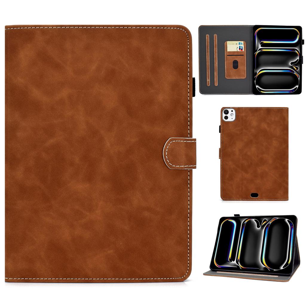 For iPad Pro 11 (2025)/11 (2024) Cowhide Texture PU Leather Stand Tablet Case Card Holder Cover with Pen Holder Loop