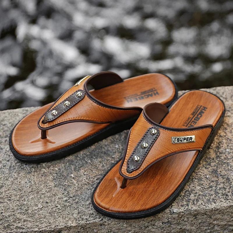 Fashion Men Flip-flops Sandals Summer Handmade Leather Slippers Trendy Fashion Outdoor Breathable Comfortable Men and Simple Sandals