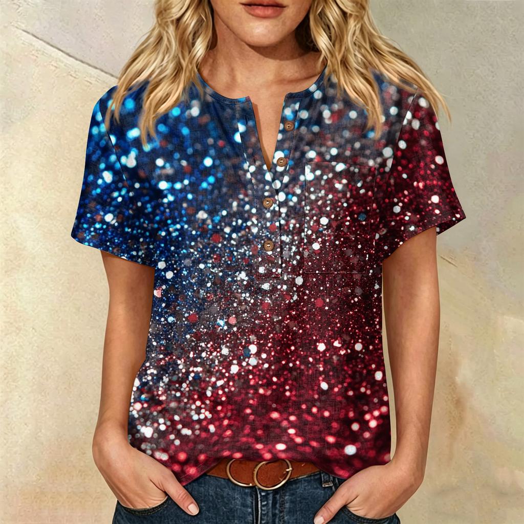 Damen Henley-Shirt mit kurzen Ärmeln und Fronttasche aus Baumwoll-Leinen-Mischgewebe Patriotischer Print Sommerliches Freizeit-Oberteil
