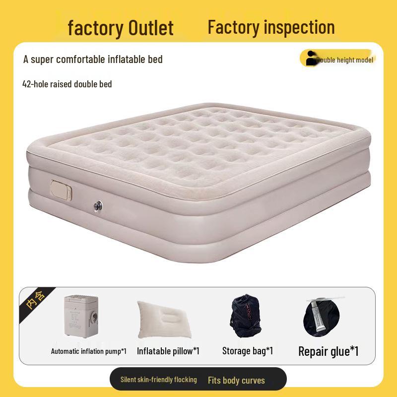 Beige Double Inflatable Camping Mattress: Portable, Thickened, and Foldable for Outdoor or Lunch Break Use.