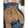Petite Suede Brown Motorcycle-Style Jacket for Women - Spring/Autumn Fashion