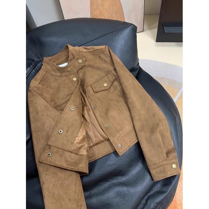 Petite Suede Brown Motorcycle-Style Jacket for Women - Spring/Autumn Fashion