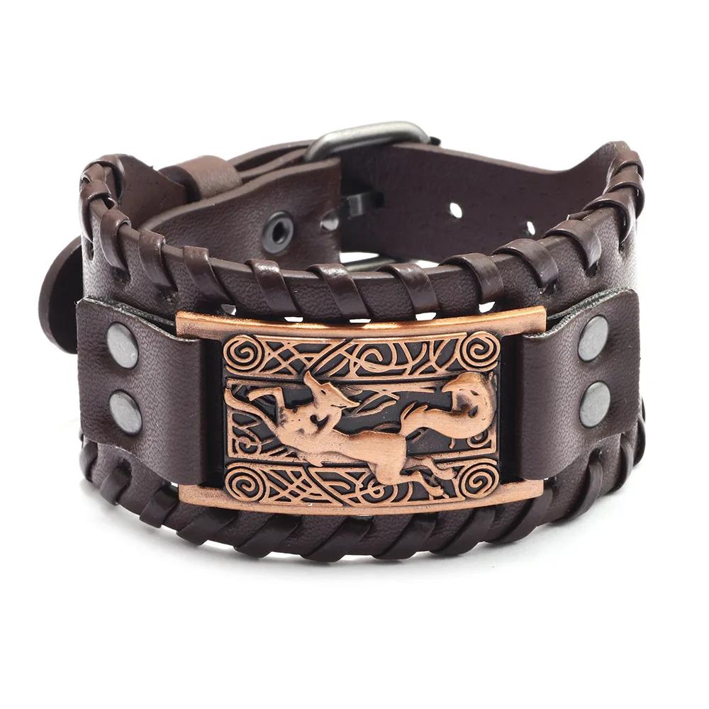 Punk Men Wide Bangle Accessory Wolf Head Charm Bracelet Leather Weave Adjustable Wristband Friendship Jewelry