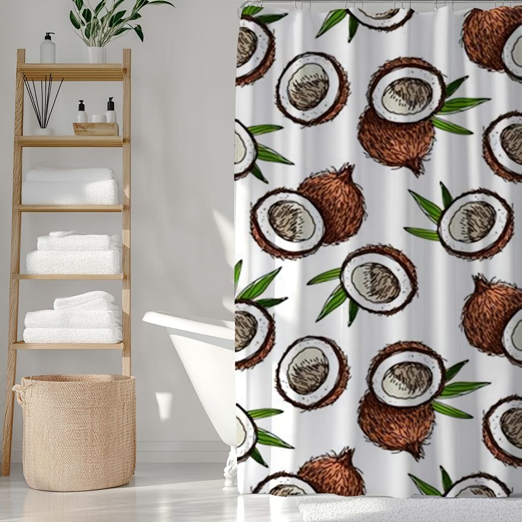 1 Piece Coconut Shell Print Shower Curtain Set - Double-Sided Polyester Fabric With Hooks, Tropical Art Theme, Polyester Fabric