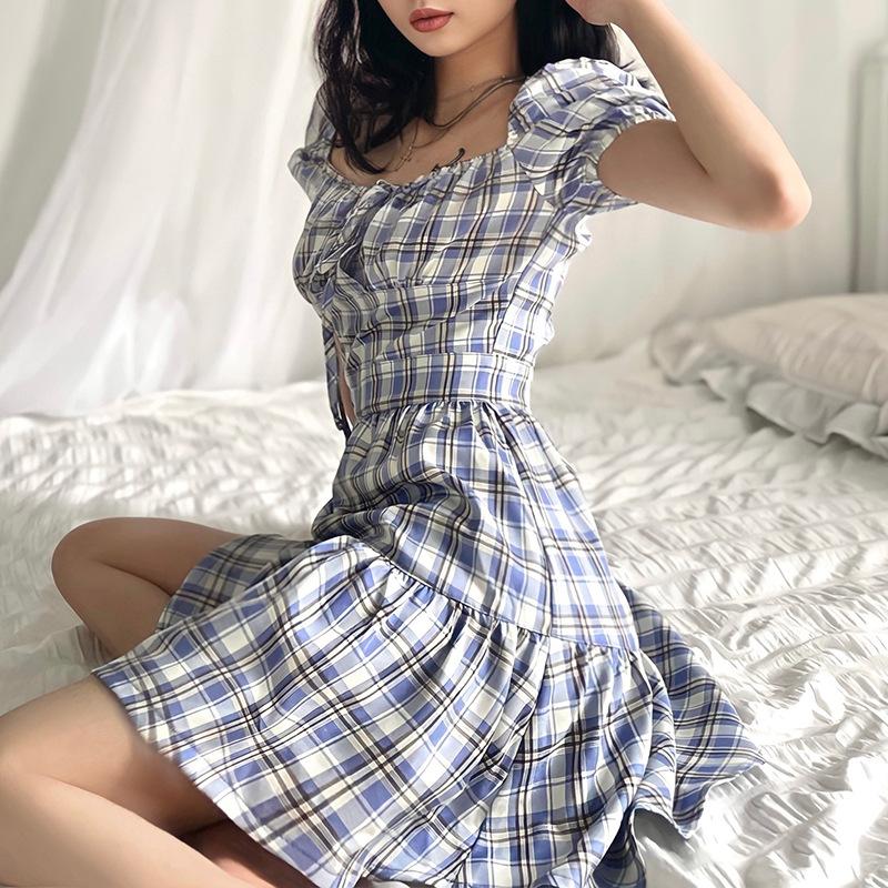 Women Aline Y2k Gothic Plaid Mini Dresses Grunge Punk Bandage Skinny Emo Party Dress Short Sleeve Summer Streetwear