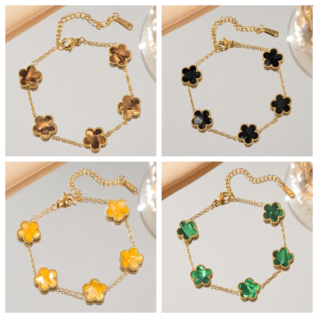 Braccialetto a Fiore a Cinque Fogli Double Face per Donna Regolabile Acciaio Inossidabile Placcato Oro 18k Stella a Cinque Punte Quadrifoglio Gioielli da Festa