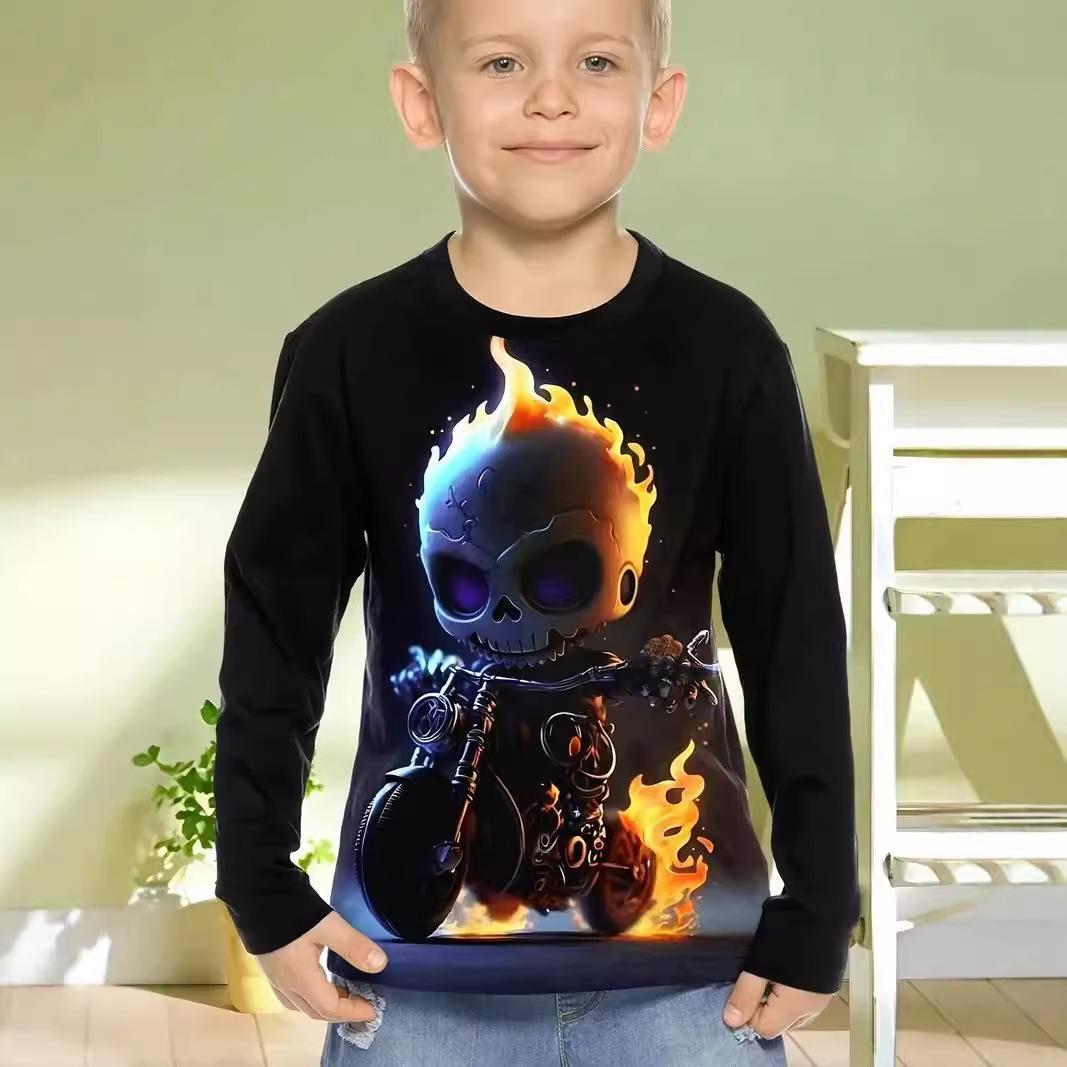 

Spring and Autumn Round Neck 3D Skull Printed Top Fashionable Casual Long Sleeved Children s Boy T-shirts 100