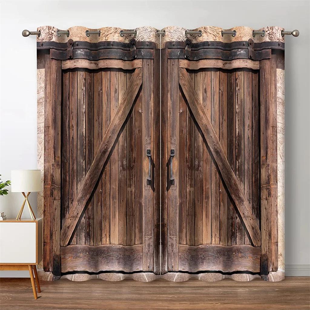 Retro Stylish Printing Wooden Door Style Light-Filtering Curtains,Vintage Decorative Elements Curtain for Living Room Bedroom