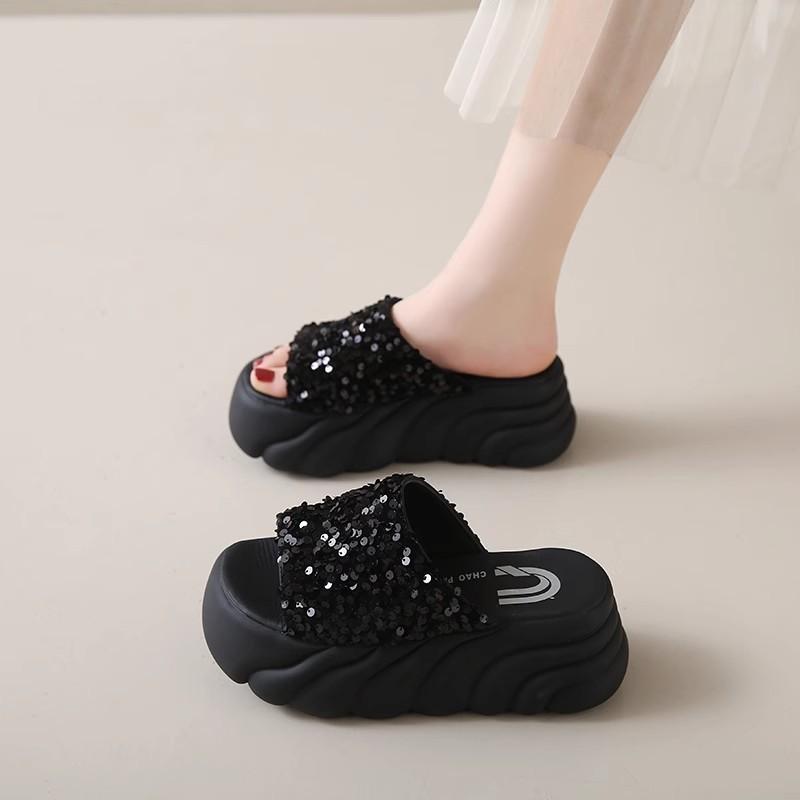 Platform Sandals Half Slippers Women's Summer Wear New Sequined Muffin Bottom Women's Word Cool Slippers