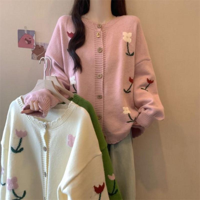 Elegant Korean Style Plus Size Women's Floral Embroidered Sweater Coat Cardigan