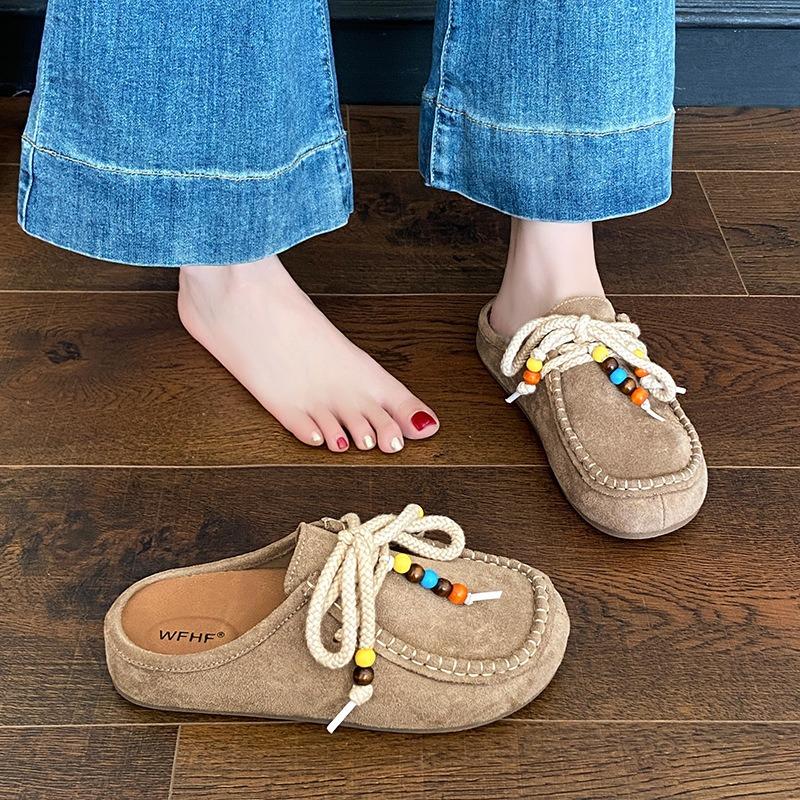 Design sense niche soft leather women wear beaded bag head half slippers thick-soled retro shoes women