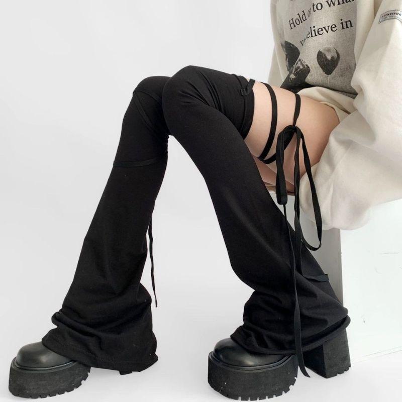 Y2K Harajuku Leg Stockings Black White Grey Gothic Lolita Over Knee High Sock Lolita Over Knee Leg Cuffs Punk Lolita Flared Sock
