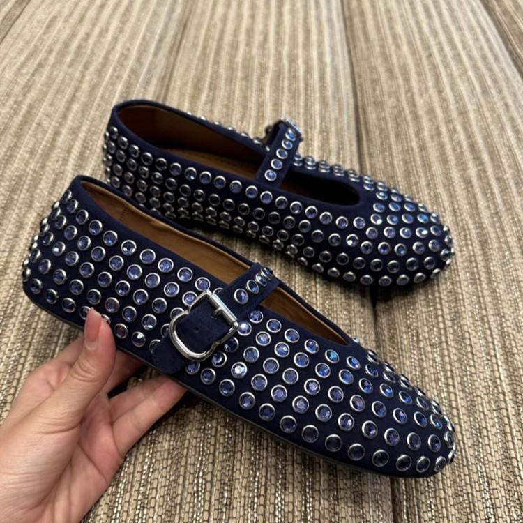 

Spring ins super fire beautiful full of diamond rivets leather one-word buckle ballet Mary Jane single shoes 40 зелёный