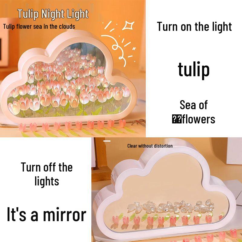 Cloud Tulip Night Light: Handmade Flower Mirror for Desktop Atmosphere - Qixi Festival Gift