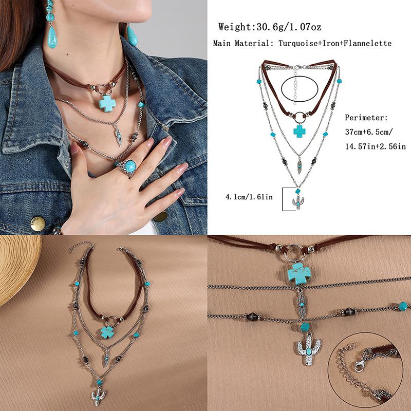 Sommer Perlen Mehrschichtig Türkis Halskette Ethnischer Stil Kaktus Strand Choker Anhänger Retro Westlich Land Halskette Geschenk