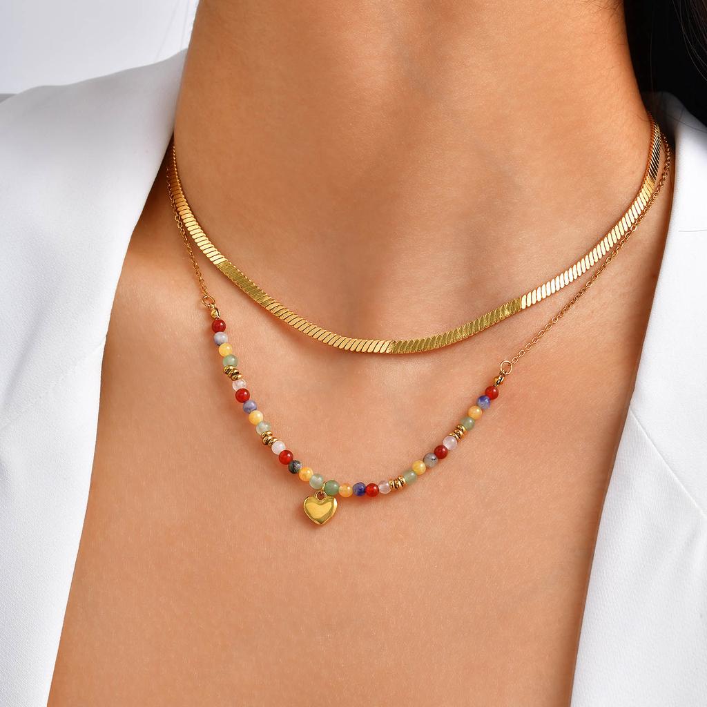 Stainless Steel Double-layer Blade Chain Necklace for Women,Gold Plated Colourful Bead Heart Pendant Necklaces,Set Jewelry Gift