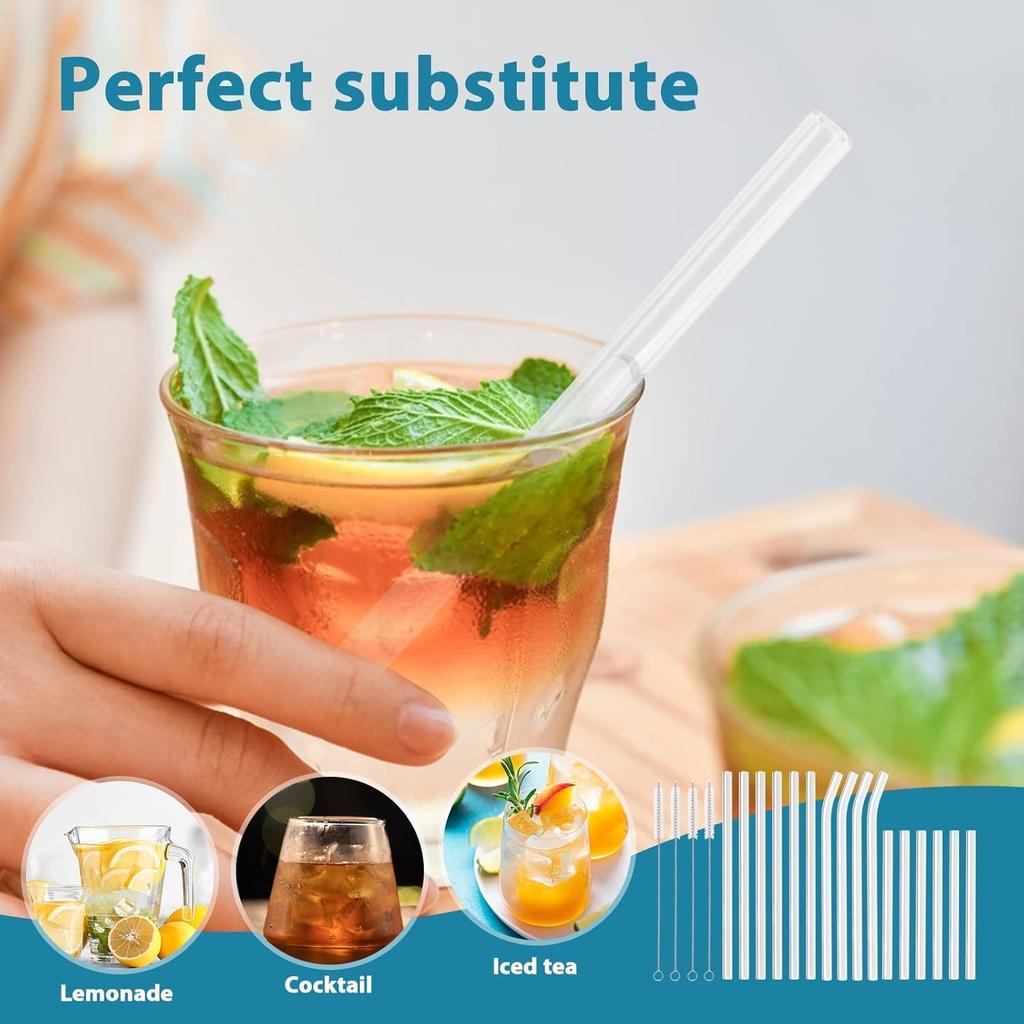 20 Pack Reble Glass Straws,6 Straight and 4 Bent and 6 Short Glass Straw with 4 Brushes,Perfect for Cocktail, Smoothies, Juice,