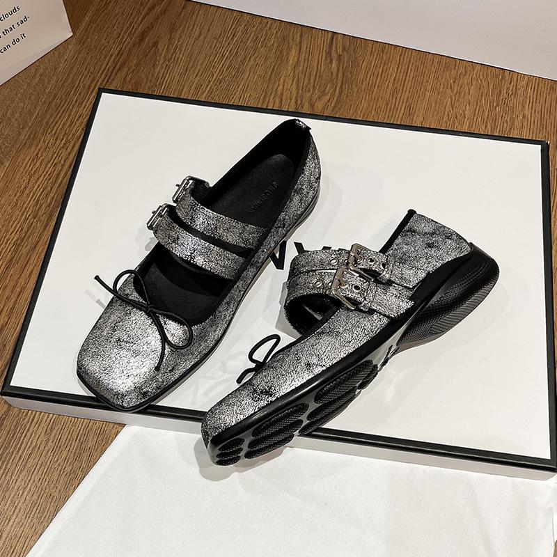 Cowhide Version~ Spring Flat Bottom Shallow Mouth Bow Single Shoes Niche Old Ballet Mary Jane Shoes Women