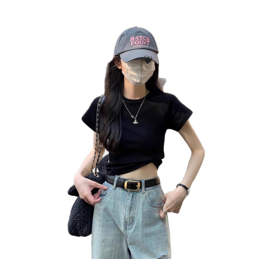 Solid color simple front shoulder crew neck short-sleeved T-shirt women's summer new Korean version slim and thin student tops trendy