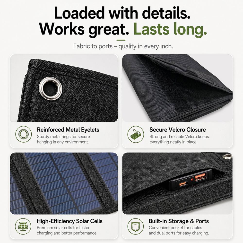 5V 12W Foldable Solar Panel Charger Portable Solar Power with USB-A USB-C Ports High Efficiency Monocrystalline Cell for Outdoor Camping Hiking