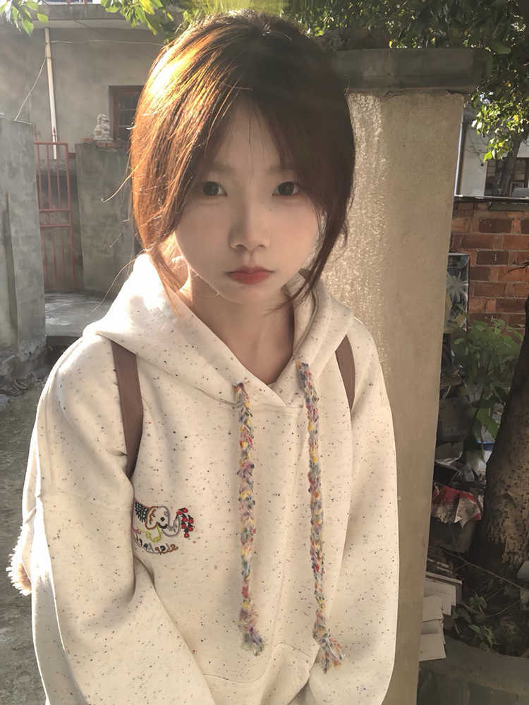American retro color dot baby elephant embroidered hooded sweater women's velvet thickened design niche coat