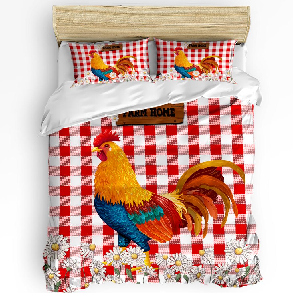 Husă de pilotă cu ilustrație retro de cocoș de fermă și față de pernă, set de lenjerie de pat personalizat cu 3 bucăți, husă de pilotă, pat dublu, textile pentru casă