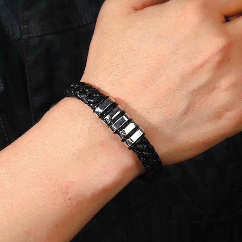 Meier Woven leather bracelet with unique alloy magnetic clasp - hip hop style, versatile bangle