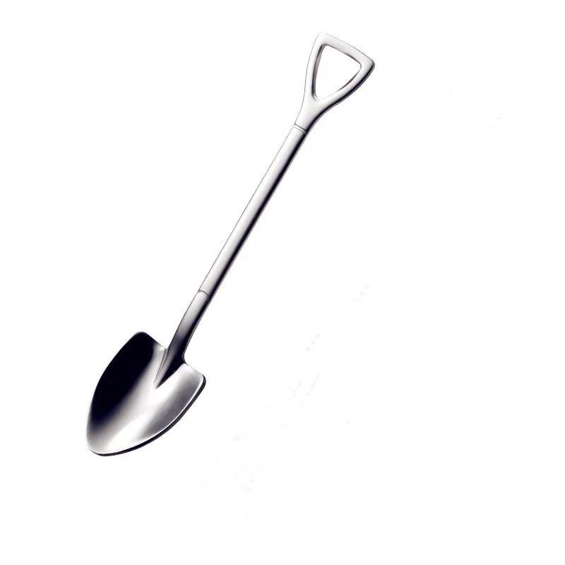 1PCS Creative Shovel Shape Dessert Spoon Stainless Steel Coffee Stirring Spoon Shovel Fork Fruit Fork