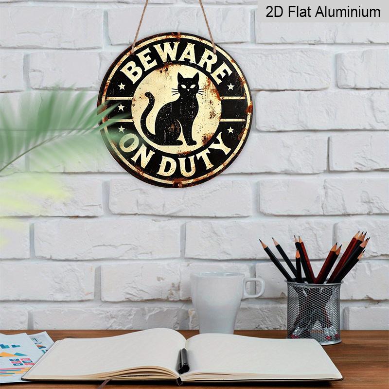 2D Flat 1pc, 8x8 In, Vintage Aluminum Metal Sign - Black Cat "BEWARE ON DUTY" Rustic Wall Decor for Farmhouse, Home, Garage, Bar, Garden & Coffee