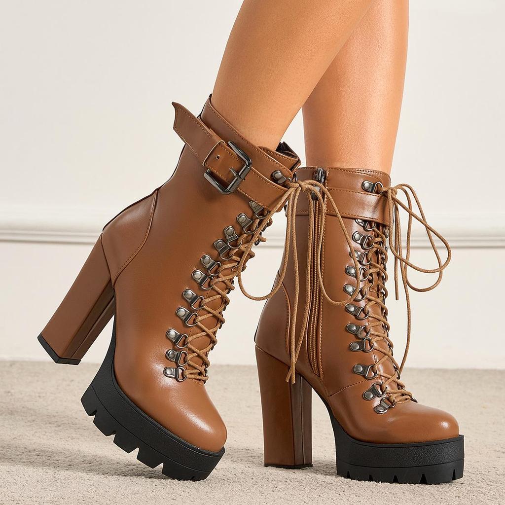 Damen Gothic Plateau High Heel Mittelhohe Motorradstiefel, Stiefel mit dicker Sohle aus Leder, Große Größen erhältlich