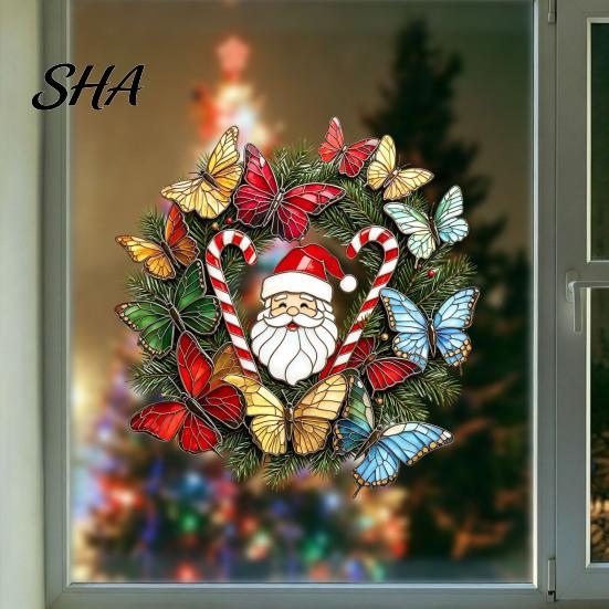 Seasonal Home Decoration Christmas Wreath Window Sticker, Stained Glass Style, Removable Santa Butterfly Candy Family Holiday Gift Ideas Cane