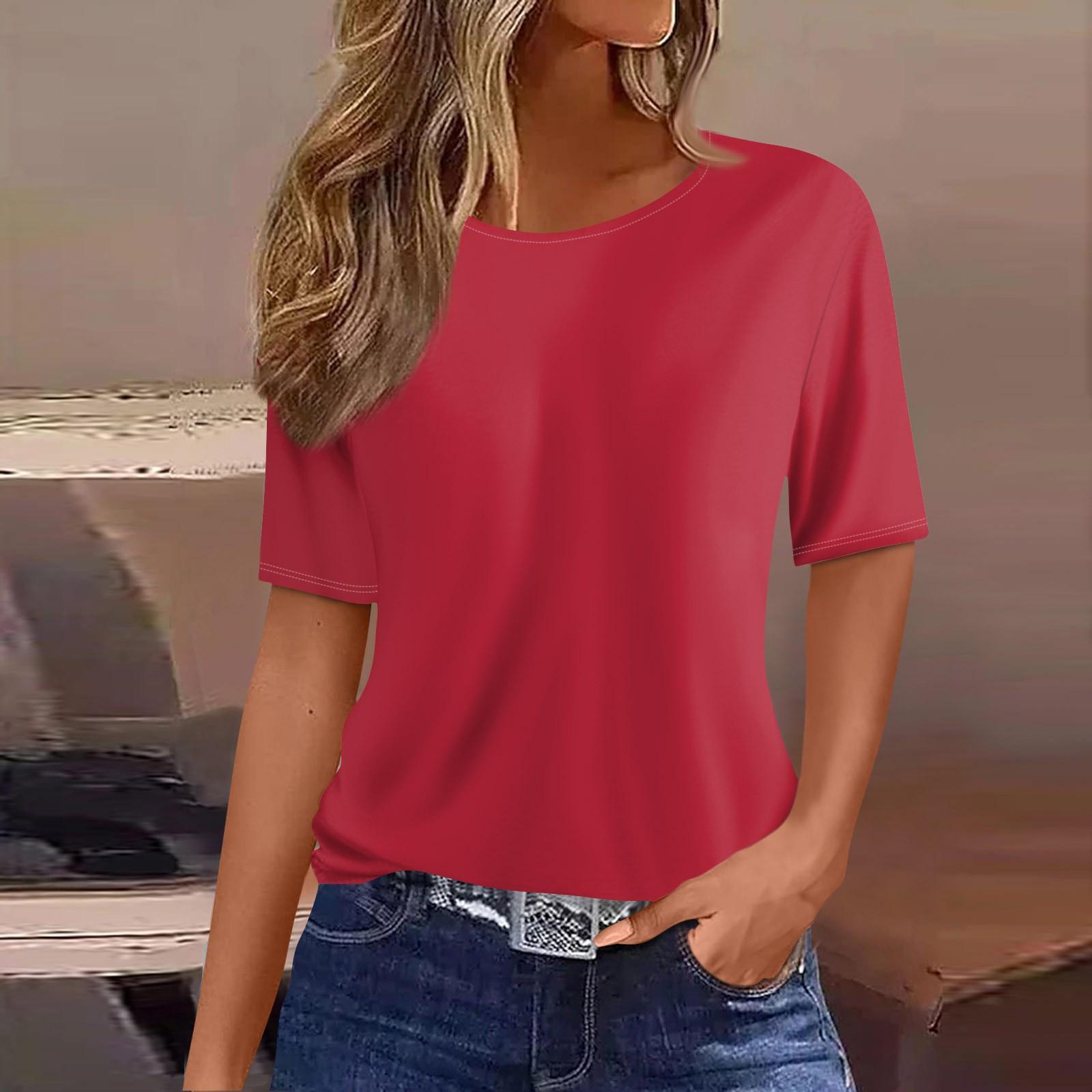

Женская мода повседневная однотонная футболка с круглым вырезом и коротким рукавом L красный