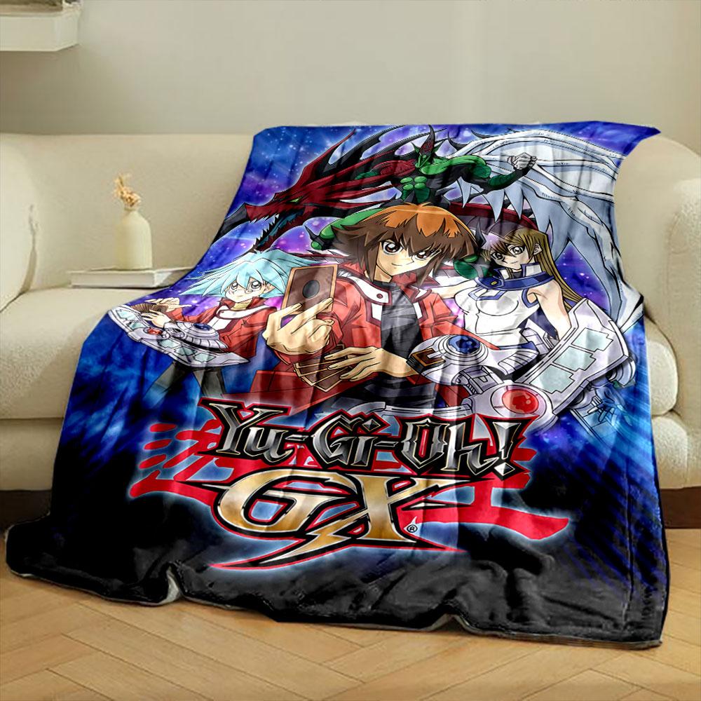 Anime characters posing with cards, duel disks, and dragon-like creatures. for all seasons blanket lunch break throw gift