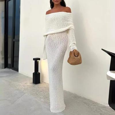 Maxi Dress Sexy Elastic Long Sleeve Off-Shoulder Solid Color Close-Fitting Style