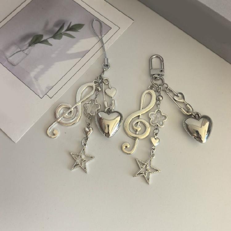 Handsome Metallic Key Holder Artistic Silver Tone Accessory Star Heart Musical Note Pendant Keychain Charm