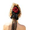 Lace Rose Flower Hair Clip Hair Styling Accessory with Long Ribbon Tails, Gothic Spring Clip for Women Costume Styling and Decoration Wear
