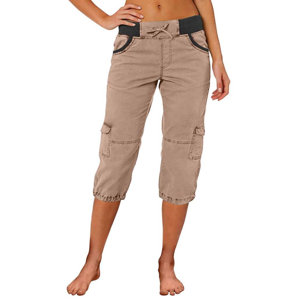Women Capri Cargo Pants Drawstring Waist Relaxed Fit Lightweight Casual Cropped Trousers with Multiple Pockets