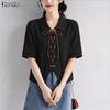 ZANZEA Women Casual Turn Down Collar Lace-up Loose Short Sleeve Blouse