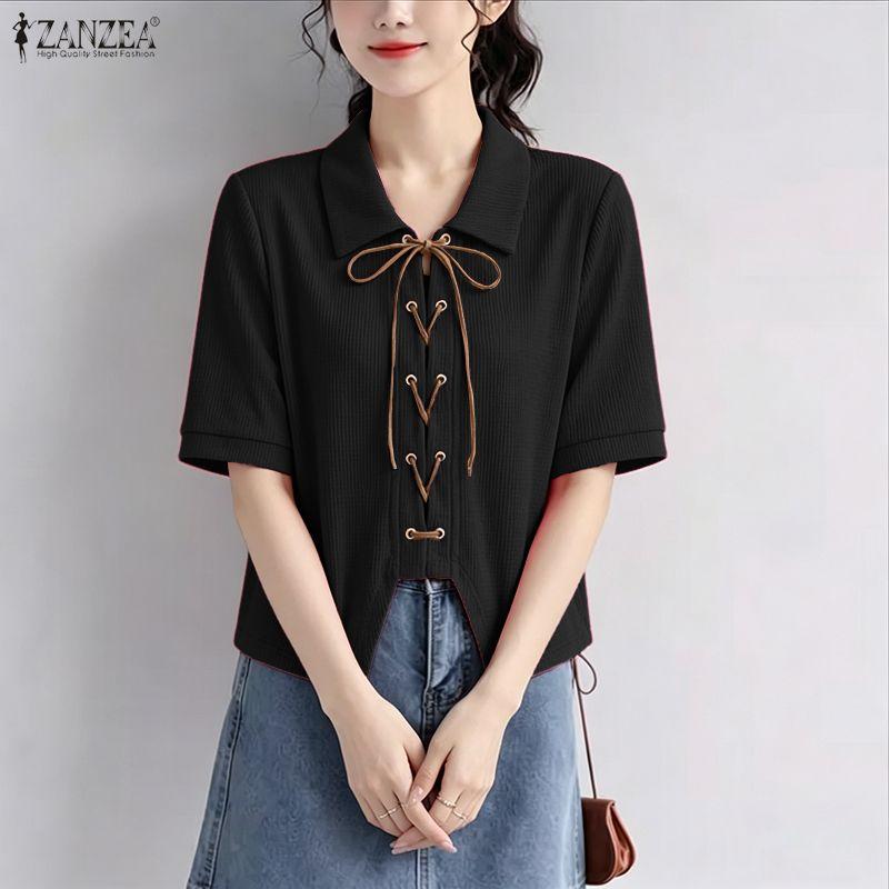 ZANZEA Women Casual Turn Down Collar Lace-up Loose Short Sleeve Blouse