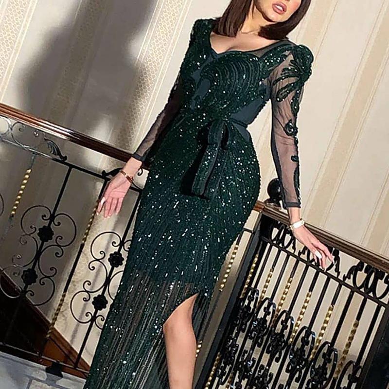 European and American Fashion Women New Shayin Long sleeve Sexy Formal Dress Women Sexy Sequin Party Dress