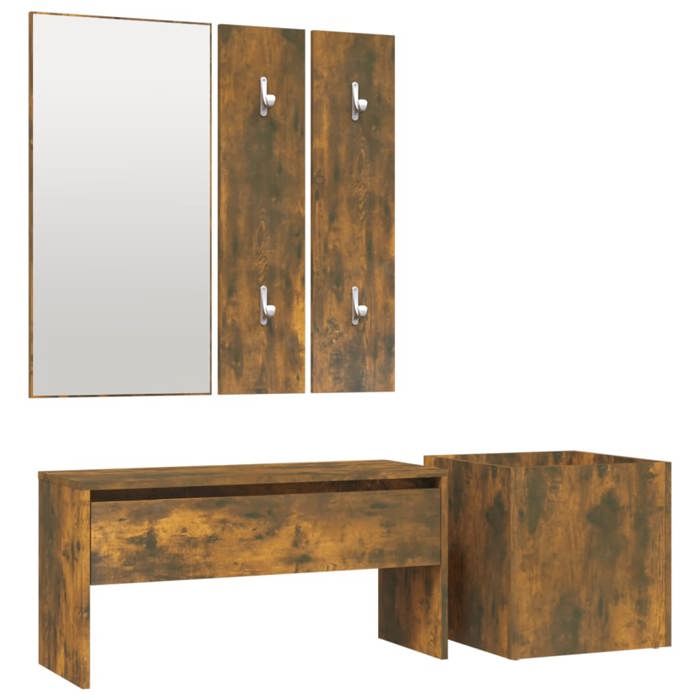 VidaXL Hallway Furniture Set Entryway Bench Storage Box Vanity Mirror Coat Rack Smoked Oak Wood 3120197